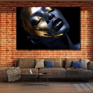 Black Woman Printing Canvas, Gold&Blue Woman Wall Art, Girls Wall Decor, African Woman Poster, Ready To Hang Print, Golden Women Canvas Art