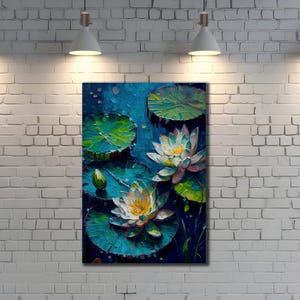 Pink Lotus Painting on Canvas, Water Lily Canvas Art, Ready to Hang Canvas, Lotus Flower Wall Decor, Nature Poster, Botanical Poster Artwork