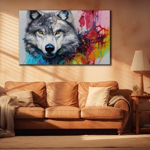Wolf Canvas Wall Art, Animal Wall Decor, Dining Room Decor, Print Picture for Home, Colorful Wolf Poster, Neon Light Wolves Print Artwork