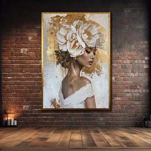 Portrait Woman with Flowers Head Canvas, Roses Wall Poster, Black Girl Wall Art Print, Flower Canvas Painting,Abstract Flower Woman Wall Art