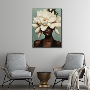 Portrait Woman with Flowers Head Canvas, Roses Wall Poster, Black Girl Wall Art Print, Flower Canvas Painting,Abstract Flower Woman Wall Art