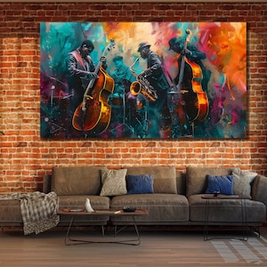 Jazz Band Ölgemälde auf Leinwand, Leinwand Kunstdruck, bunte Wandkunst, Musik Wandkunst, Instrument Malerei Kunstwerk, buntes Jazz Poster