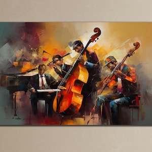 Cuadro de banda de jazz sobre lienzo, impresión artística sobre lienzo musical, arte mural colorido, arte mural musical, obra de arte con pintura de instrumentos, póster de jazz colorido