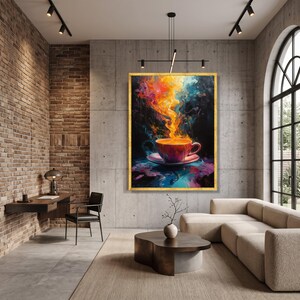 Vibrant Coffee Cup Canvas, Abstract Steam Art, Colorful Kitchen Decor, Modern Expressionist Wall Art, Bold Home Decoration
