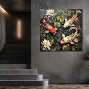 Arte de pared en lienzo con peces koi, decoración de pared con peces coloridos, imagen impresa japonesa para el hogar, arte con peces koi, impresión en lienzo, decoración de pared con peces koi japoneses