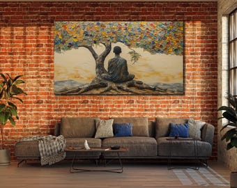 Buddha Meditating Under Tree Canvas Art, Spiritual Decor