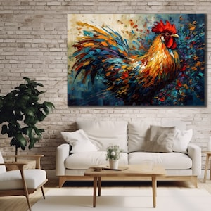 以下が含まれることがあります： 赤い鶏冠と肉垂れを持つ雄鶏のカラフルな絵画。雄鶏は、多くのディテールが施された写実的なスタイルで描かれています。背景は色がぼやけており、野原や森を連想させます。