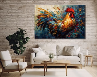 May include: A colorful painting of a rooster with a red comb and wattles. The rooster is painted in a realistic style with a lot of detail. The background is a blur of colors, suggesting a field or forest.