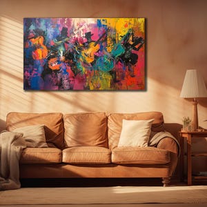 Pintura al óleo de banda de jazz sobre lienzo, impresión de arte de lienzo, pintura al óleo de orquesta colorida, arte de pared musical, obra de arte de pintura de instrumentos, cartel de jazz