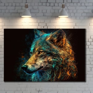 Wolf Canvas Wall Art, Animal Wall Decor, Dining Room Decor, Print Picture for Home, Colorful Wolf Poster, Neon Light Wolves Print Artwork