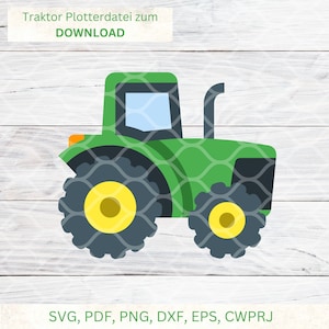 Op de afbeelding: Groene tractor met zwarte wielen en gele centra. De tractor heeft een zwarte uitlaatpijp en een raam. De tekst "Traktor Plotterdatei zum DOWNLOAD" staat bovenaan de afbeelding. De tekst "SVG, PDF, PNG, DXF, EPS, CWPRJ" staat onderaan de afbeelding.