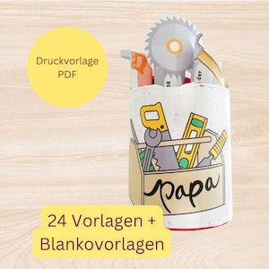 May include: A white fabric storage container with a toolbox design and the word "papa" printed on it. The container is filled with various tools, including a saw, a wrench, a level, and a circular saw. The container is sitting on a wooden surface. 24 templates and blank templates are included.