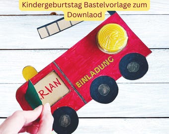 Fire brigade invitation PDF print template, invitation card for children's birthday craft template, fire engine craft invitation, fire brigade party