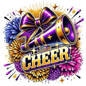 Cheer Purple and Gold Bow Clipart - Cheerleading Megaphone Design for Instant Download and Sublimation Projects