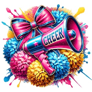 Könnte beinhalten: Lebendige Illustration mit einer pinkfarbenen Megaphon mit dem Wort „CHEER“ in Weiß, einer pinkfarbenen Schleife mit blauen Verzierungen und bunten Pompons. Farbspritzer in Pink, Blau und Gelb ergänzen das Design.