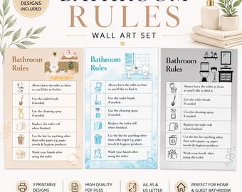 Bathroom Rules Wall Art Set, Printable Poster, Guest Restroom Decor, Home Sign