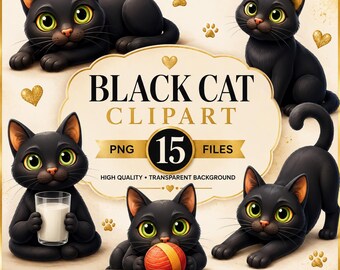 Black Cat Clipart | 15 PNG | Kitten Graphics | Cat Lover Art | Commercial Use