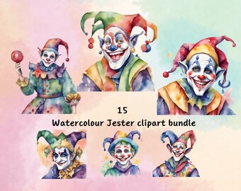 Watercolour Jester clipart bundle, medieval clipart, clown png, fantasy clipart, junk journal, scrap book, paper crafts, sublimation
