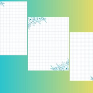 May include: Three blank white pages with a blue grid pattern. Each page has a floral design in the top corner.