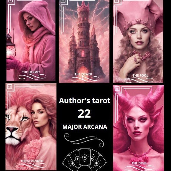 Unique tarot deck of 22 major arcana. Tarot pink. Printable tarot cards. Author's tarot without borders. Tarot cards digital major arcana.