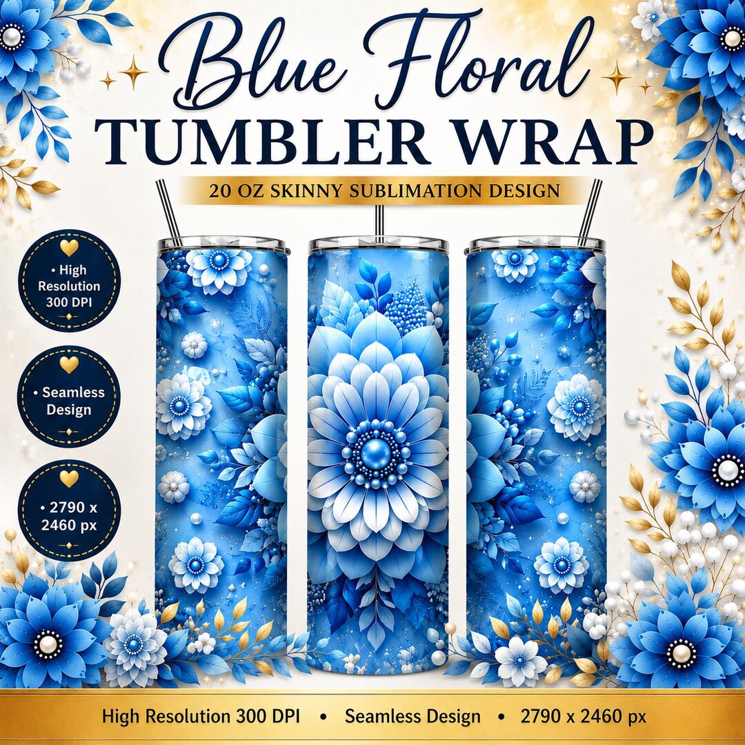 Blue Floral Tumbler Wrap, 20 Oz Skinny Sublimation Design, Seamless ...