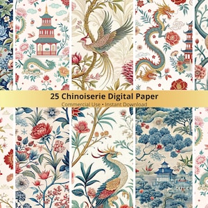 Op de afbeelding: Een verzameling van 25 Chinoiserie digitale papierontwerpen. De patronen bevatten pagodes, draken, feniksen en bloemelementen in blauw, rood, groen en goud. De tekst "25 Chinoiserie Digital Paper" wordt in goud weergegeven.