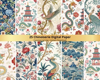 Chinoiserie Digital Paper, Asian Floral Pattern, Vintage Botanical Design, Seamless Background 25 PNG