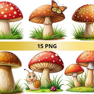 Clipart champignon, champignon vénéneux, clipart champignon rouge, clipart champignons, champignon Kawaii, téléchargement numérique 15 png