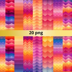 May include: A collection of 20 PNG digital papers with vibrant, geometric chevron and gradient designs. The color palette includes shades of pink, orange, yellow, and purple. A gold banner across the center displays the text "20 png".