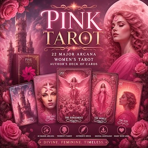 May include: Pink Tarot deck with a celestial theme. The image features a woman with pink hair, a full moon, and several tarot cards. The cards include The Tower, The Star, The Judgement, The World, and The Sun. The text reads "Pink Tarot", "22 Major Arcana", and "Divine. Feminine. Timeless."