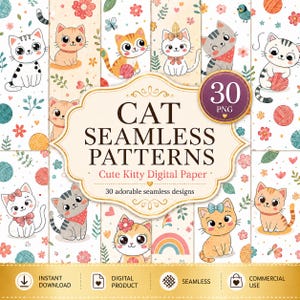 Op de afbeelding: Een collectie van 30 naadloze digitale patronen met cartoonkatten, garenbollen, bloemen en regenbogen. De centrale tekst luidt CAT SEAMLESS PATTERNS Cute Kitty Digital Paper 30 adorable seamless designs. De afbeeldingen zijn in PNG-formaat.