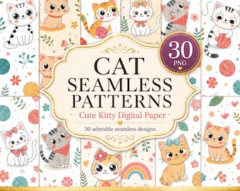 May include: A collection of 30 seamless digital patterns featuring cartoon cats, yarn balls, flowers, and rainbows. The central text reads CAT SEAMLESS PATTERNS Cute Kitty Digital Paper 30 adorable seamless designs. The graphics are in PNG format.