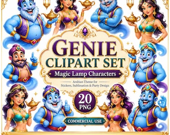 Genie Clipart Set, Magic Lamp Characters, Arabian Theme PNG, 20 Digital Cliparts