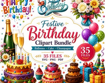 Peut inclure: Un ensemble de cliparts numériques colorés sur le thème de l'anniversaire. L'image présente des gâteaux, des ballons, du champagne, des cadeaux et des compositions florales. Le texte comprend "Happy Birthday!" et "Festive Birthday Clipart Bundle". Comprend 35 fichiers.