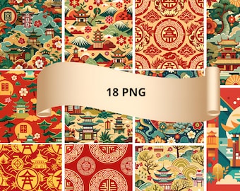 Asian Seamless Patterns: Elegant Vector Designs (18 PNG) (Digital Download)