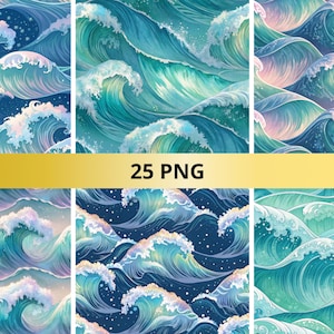 May include: A collection of digital art featuring stylized ocean waves in shades of blue, teal, and white. The waves are depicted with foamy crests and dynamic movement. The text "25 PNG" is displayed on a gold banner.