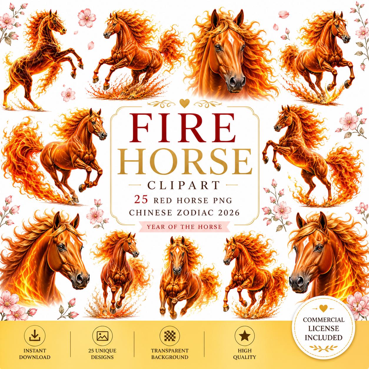 Fire Horse Clipart | Chinese Zodiac 2026 | 25 Red Horse PNG | Year of ...