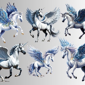 May include: Six white winged unicorns with blue and gold wings. The unicorns are in various poses, with their wings spread out and their horns pointing up.
