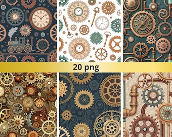 Steampunk digitalt papper: Sömlösa mönster, PNG-filer (digital nedladdning)