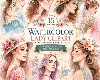 Watercolor Lady Clipart: Vintage Fashion Illustration 15 PNG Digital Download, Commercial Use