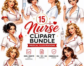 May include: A digital clipart bundle featuring 15 illustrations of nurses in various poses. The nurses are depicted in white uniforms with red accents and caps. The image includes text that reads "Nurse Clipart Bundle" and details about the image resolution and file formats.