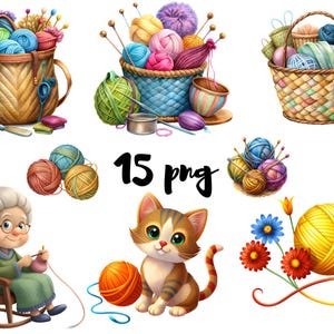 Tricot clipart, autocollants tricot, clipart grand-mère, tricot et laine Clipart Collection 15 PNG
