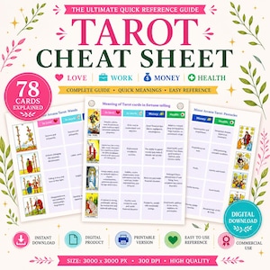 Könnte beinhalten: Ein Tarot-Spickzettel mit dem Titel "TAROT CHEAT SHEET" in großen grünen Buchstaben. Der Leitfaden enthält Abschnitte zu Liebe, Arbeit, Geld und Gesundheit mit einer Aufschlüsselung der Kartenbedeutungen. Das Bild enthält auch den Text "78 KARTEN ERKLÄRT".