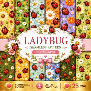 Padrão sem costura de joaninha, papel digital floral, fundos de scrapbook de primavera, licença comercial 25 PNG