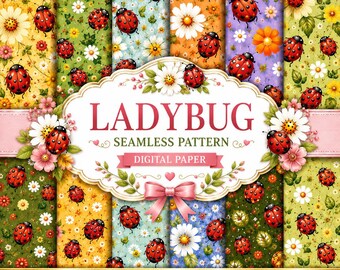 Ladybug Seamless Pattern, Floral Digital Paper, Spring Scrapbook Backgrounds, Commercial License 25 PNG