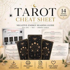 Può includere: Un cheat sheet dei tarocchi con il titolo "Tarot Cheat Sheet" e il sottotitolo "Negative Energy Reading Guide". L'immagine include carte dei tarocchi con un design celeste, una guida e il testo "Download istantaneo", "PDF stampabile" e "Facile da usare".