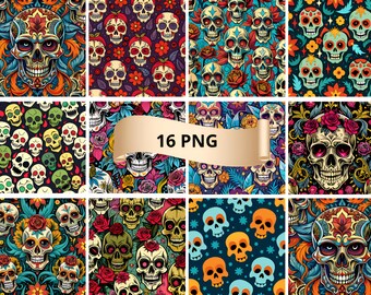Skull Seamless Patterns: Skeleton Digital Paper (16 PNG)
