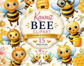 Clipart abeille kawaii : aquarelle ruche graphique, usage commercial printemps clipart, baby shower 15 PNG