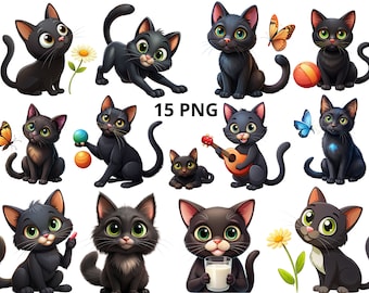 Black Cat Kitten Clipart Bundle (15 PNG Images)