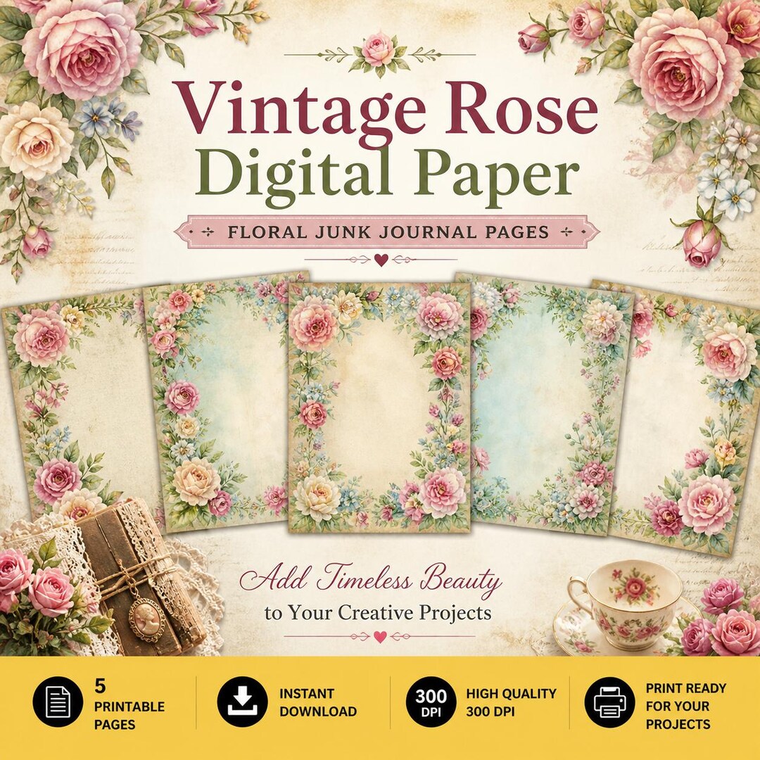 Vintage Rose Paper Set, Floral Junk Journal Pages, Shabby Chic ...